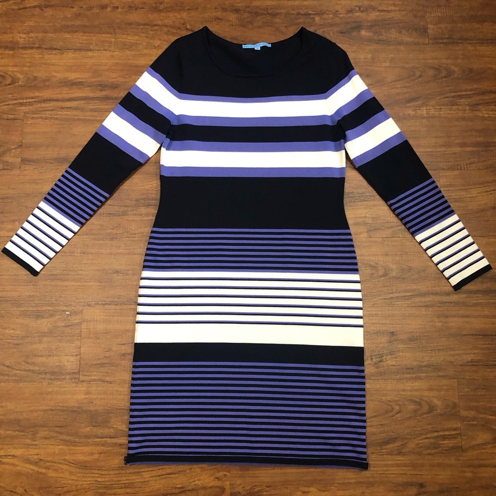 ANTONIO MELANI Black and Purple Striped Long Sleeve Dress